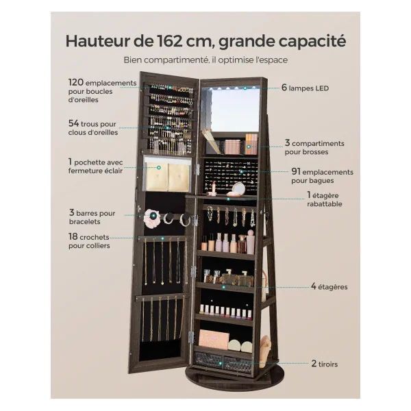 Armoire à Bijoux avec Grand Miroir sur Pieds Pivotant à 360° avec 6 LED Noir Cendré