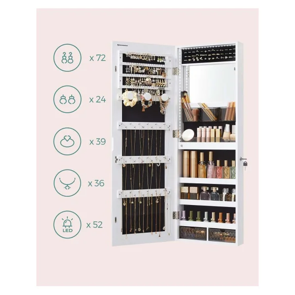 Armoire à Bijoux Murale Organisateur Bijoux avec Lumières LED 2 Tiroirs