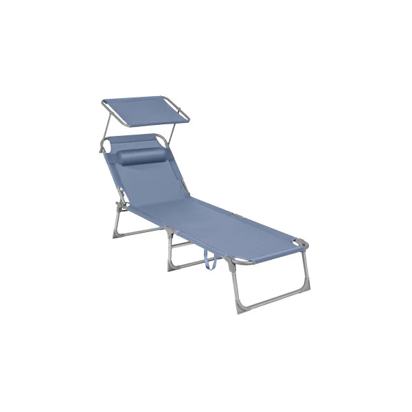 Bain de Soleil avec Parasol Inclinable Bleu Transat de Jardin en Acier