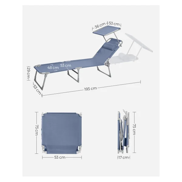 Bain de Soleil avec Parasol Inclinable Bleu Transat de Jardin en Acier