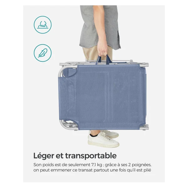 Bain de Soleil avec Parasol Inclinable Bleu Transat de Jardin en Acier