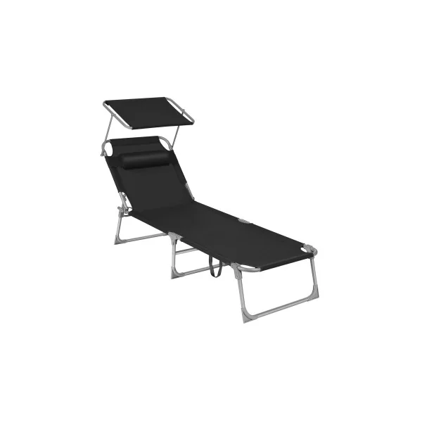 Bain de Soleil avec Parasol Inclinable Noir Transat de Jardin en Acier