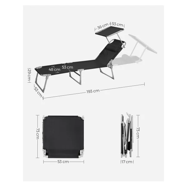 Bain de Soleil avec Parasol Inclinable Noir Transat de Jardin en Acier