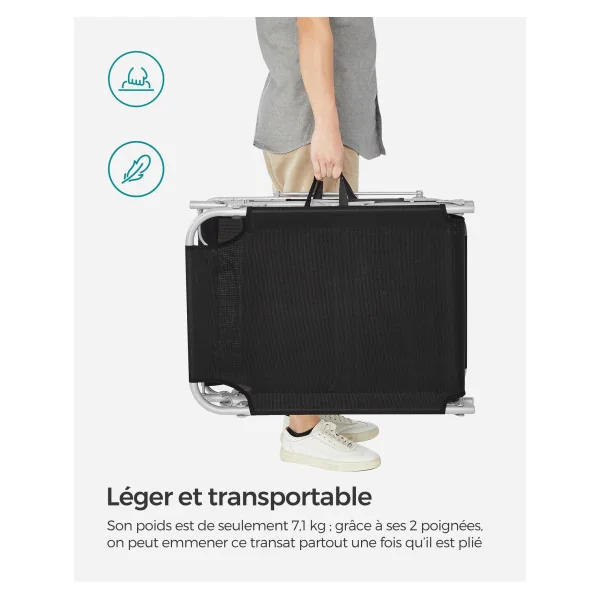 Bain de Soleil avec Parasol Inclinable Noir Transat de Jardin en Acier