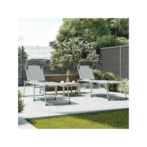 Bain de Soleil Transat de Relaxation Chaise Longue Gris Chiné avec Parasol