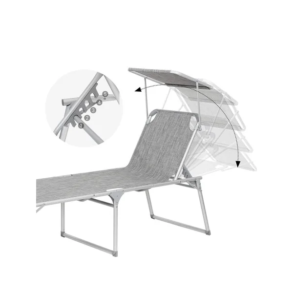 Bain de Soleil Transat de Relaxation Chaise Longue Gris Chiné avec Parasol