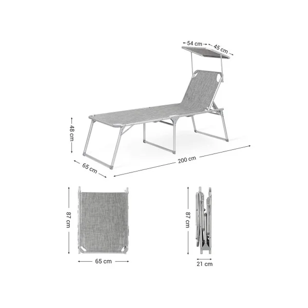 Bain de Soleil Transat de Relaxation Chaise Longue Gris Chiné avec Parasol