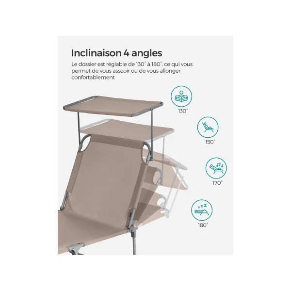 Bain de Soleil Transat de Relaxation Chaise Longue Taupe avec Parasol