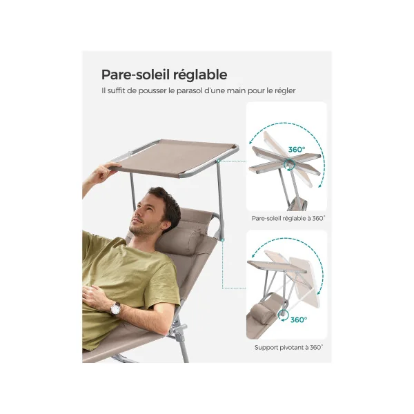 Bain de Soleil Transat de Relaxation Chaise Longue Taupe avec Parasol