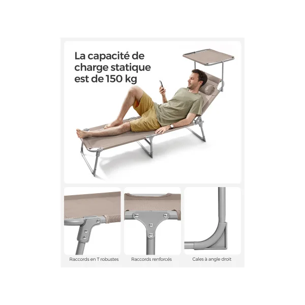 Bain de Soleil Transat de Relaxation Chaise Longue Taupe avec Parasol