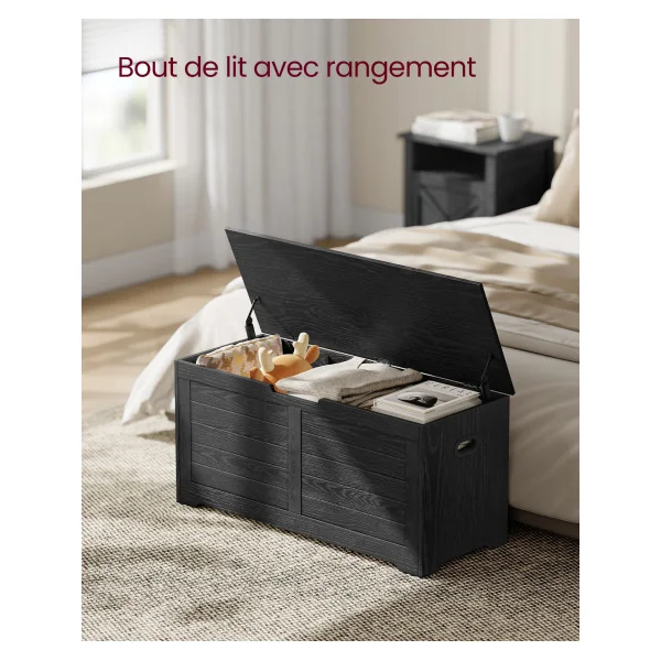 Banc Chaussures Coffre de Rangement Noir Boisé avec 2 Charnières de Sécurité Blanc Coffre Jouet