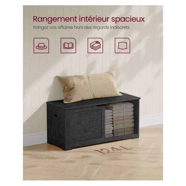 Banc Chaussures Coffre de Rangement Noir Boisé avec 2 Charnières de Sécurité Blanc Coffre Jouet