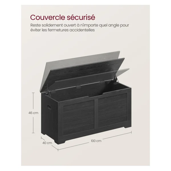 Banc Chaussures Coffre de Rangement Noir Boisé avec 2 Charnières de Sécurité Blanc Coffre Jouet