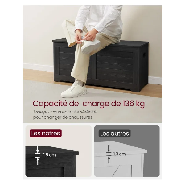 Banc Chaussures Coffre de Rangement Noir Boisé avec 2 Charnières de Sécurité Blanc Coffre Jouet