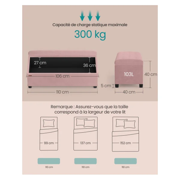 Banc de Rangement Rose Coffre de Rangement Charge jusqu'à 300 kg Bout de Lit Chambre