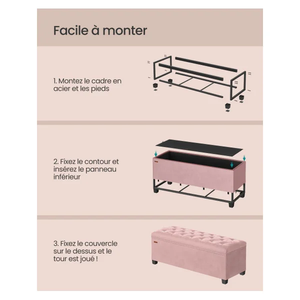 Banc de Rangement Rose Coffre de Rangement Charge jusqu'à 300 kg Bout de Lit Chambre