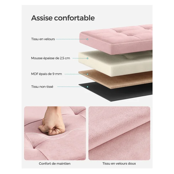 Banc d'Entrée Banc de rangement Rose 131L Coffre de Rangement en Tissu