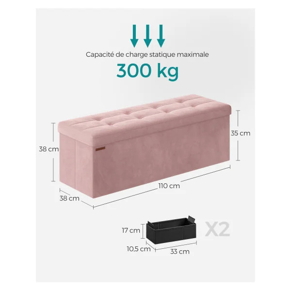 Banc d'Entrée Banc de rangement Rose 131L Coffre de Rangement en Tissu