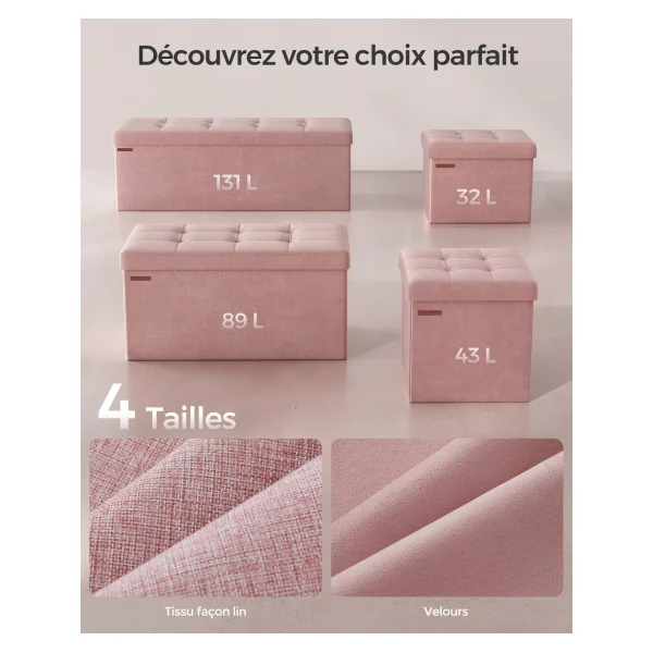 Banc d'Entrée Banc de rangement Rose 131L Coffre de Rangement en Tissu