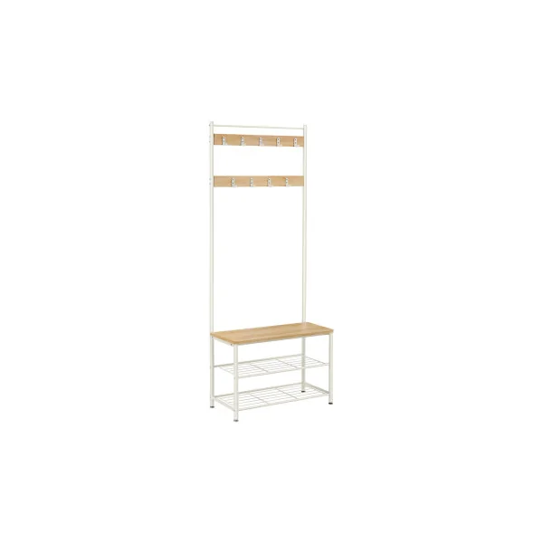 Banc d'Entrée Chêne et Blanc Meuble d'Entrée avec Porte Manteaux Rangement Chaussures 2 Niveaux