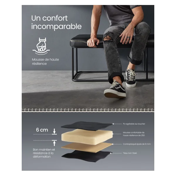 Banc d'Entrée en Acier Noir avec Assise Rembourrée