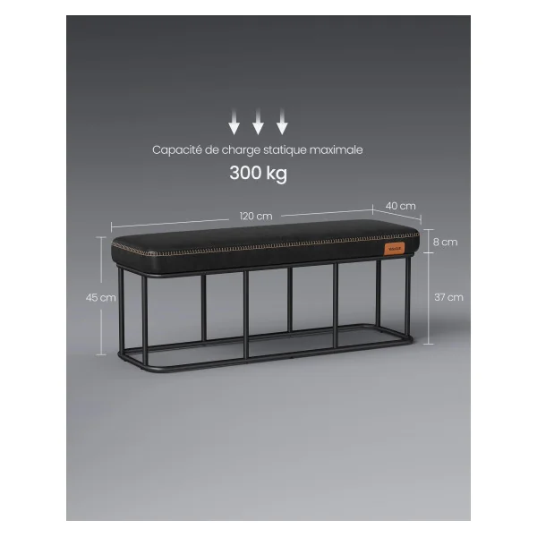 Banc d'Entrée en Acier Noir avec Assise Rembourrée