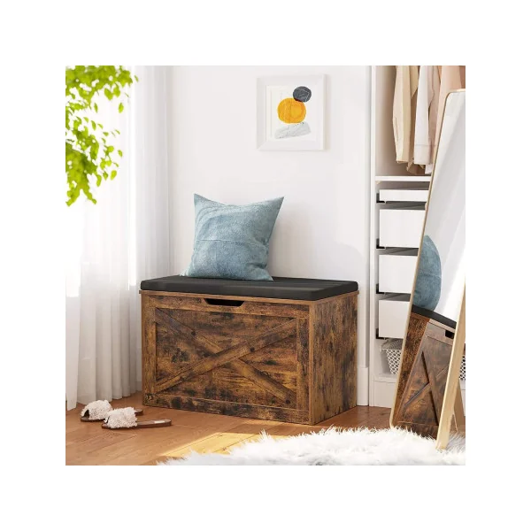 Banc d'Entrée Marron Rustique Coffre de Rangement avec Coussin rembourré