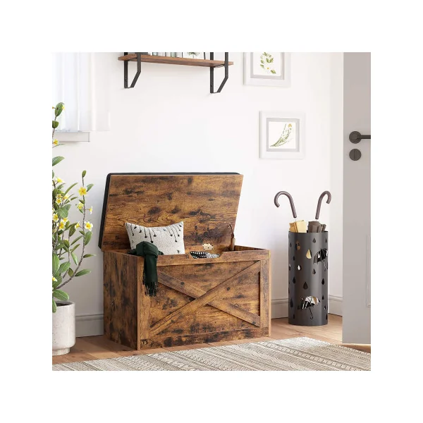 Banc d'Entrée Marron Rustique Coffre de Rangement avec Coussin rembourré