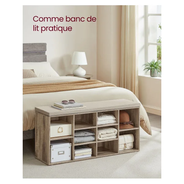 Banc à Chaussures 10 compartiments Marron Camel Meuble d’Entrée avec Siège Étagère à Chaussures avec Coussin