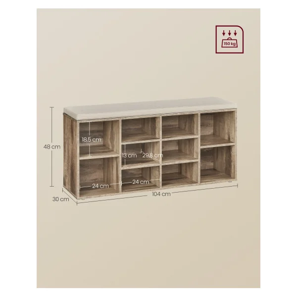 Banc à Chaussures 10 compartiments Marron Camel Meuble d’Entrée avec Siège Étagère à Chaussures avec Coussin