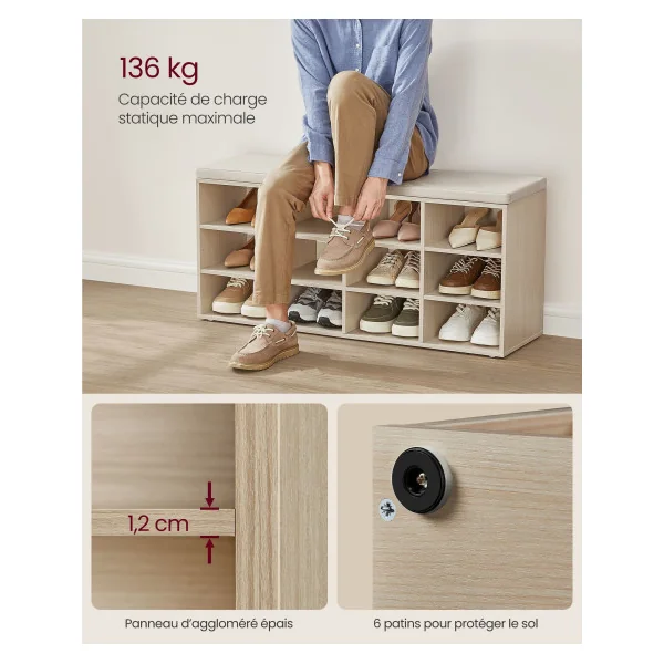 Banc à Chaussures 12 Compartiments Beige Naturel Meuble d’Entrée avec Siège Rangement Chaussures