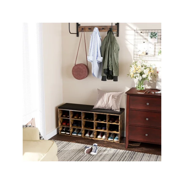 Banc à Chaussures 15 Compartiments Marron Rustique Siège Rembourré
