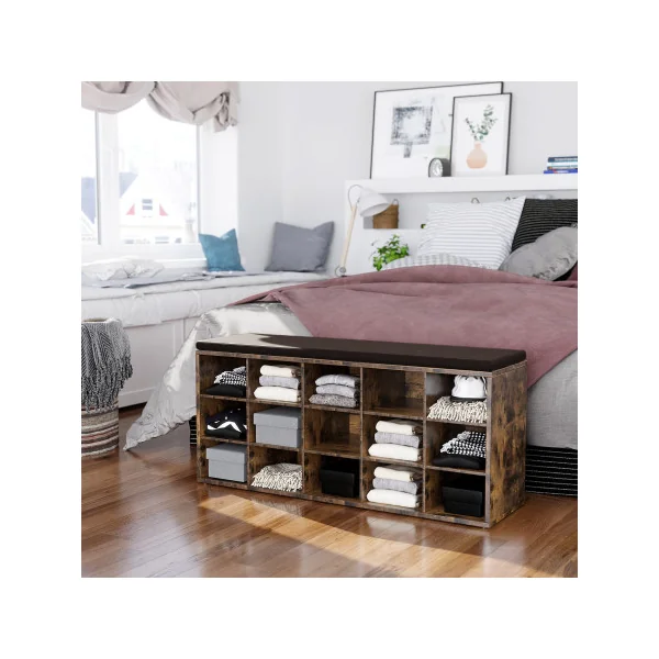 Banc à Chaussures 15 Compartiments Marron Rustique Siège Rembourré