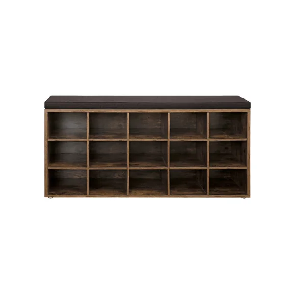 Banc à Chaussures 15 Compartiments Marron Rustique Siège Rembourré