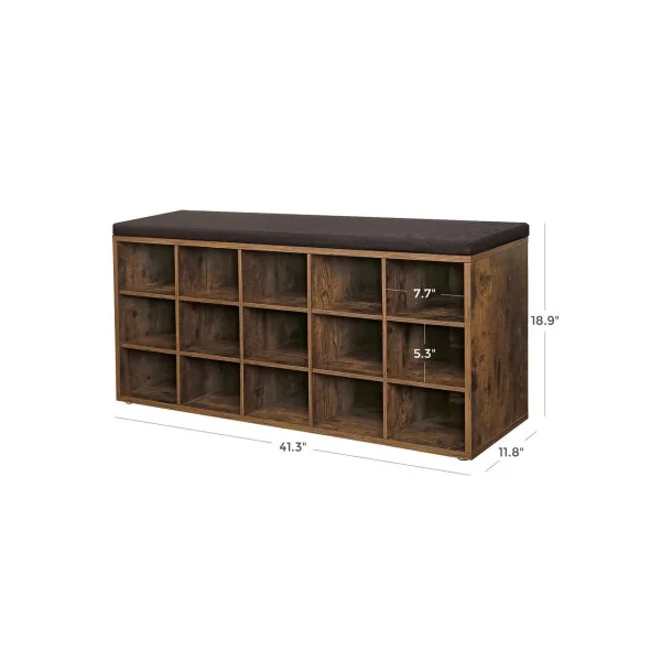 Banc à Chaussures 15 Compartiments Marron Rustique Siège Rembourré