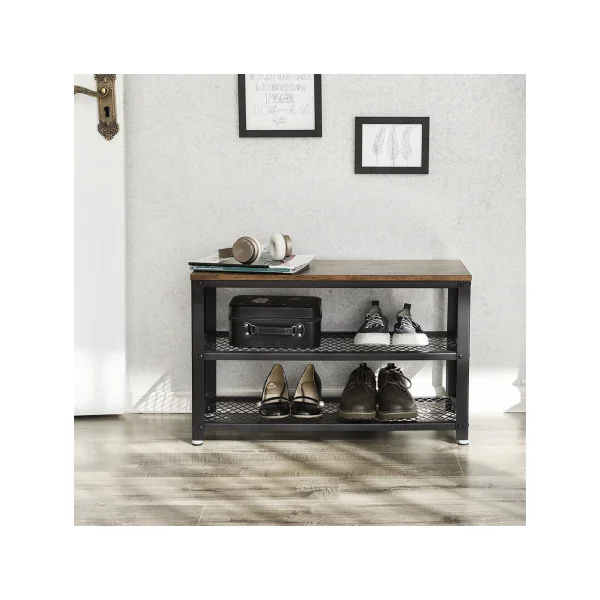 Banc à Chaussures 2 Niveaux en Acier Noir avec Assise Marron Rustique Banc d'Entrée