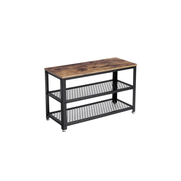 Banc à Chaussures 2 Niveaux en Acier Noir avec Assise Marron Rustique Banc d'Entrée