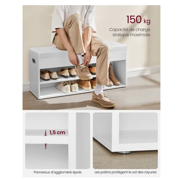 Banc à Chaussures 3 Compartiments Rembourré Banc de Rangement avec Rangement Caché