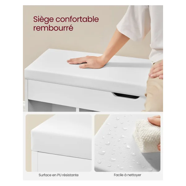 Banc à Chaussures 3 Compartiments Rembourré Banc de Rangement avec Rangement Caché