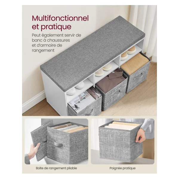 Banc à Chaussures avec 3 Coffres de Rangement Blanc Nuage Entrée Couloir