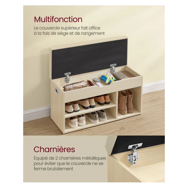 Banc à Chaussures Beige Assise Rembourré 3 Compartiments Rangement Caché Banc d'Entrée