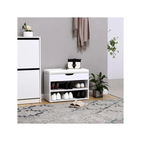 Banc à Chaussures Blanc avec Assise et Rangement Chaussure Banc d'Entrée 6 Paires