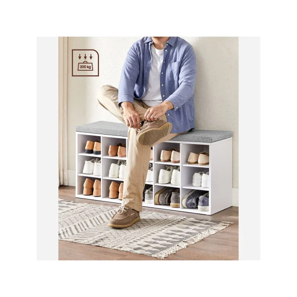 Banc à Chaussures Blanc Rangement avec 15 Compartiments Siège Rembourré