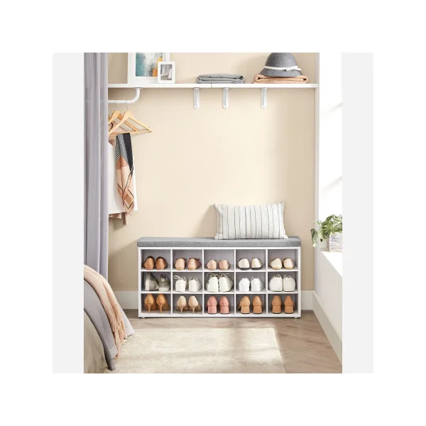 Banc à Chaussures Blanc Rangement avec 15 Compartiments Siège Rembourré