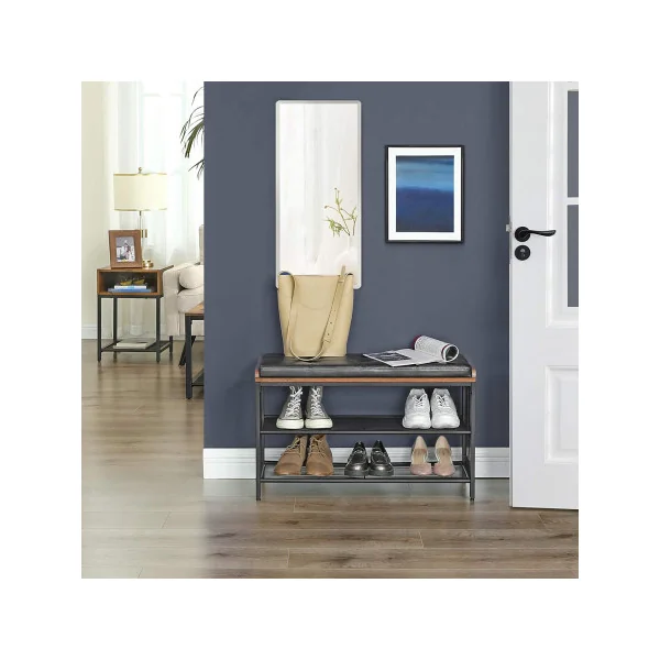 Banc à Chaussures en Acier Noir avec Assise Effet Cuir Banc d'Entrée