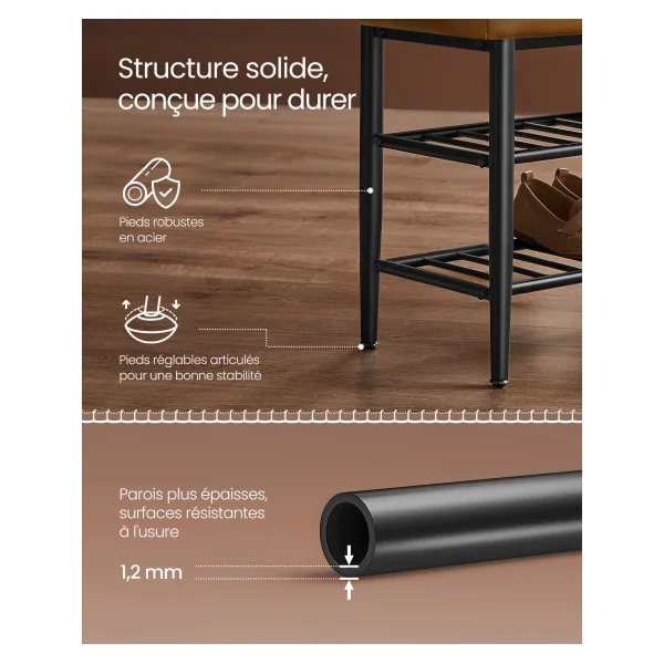 Banc à Chaussures Marron Camel Style Industriel avec Assise Rembourrée Banc de Rangement Meuble d’Entrée cielterre-commerce