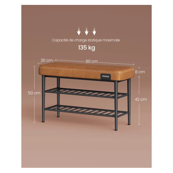 Banc à Chaussures Marron Camel Style Industriel avec Assise Rembourrée Banc de Rangement Meuble d’Entrée cielterre-commerce