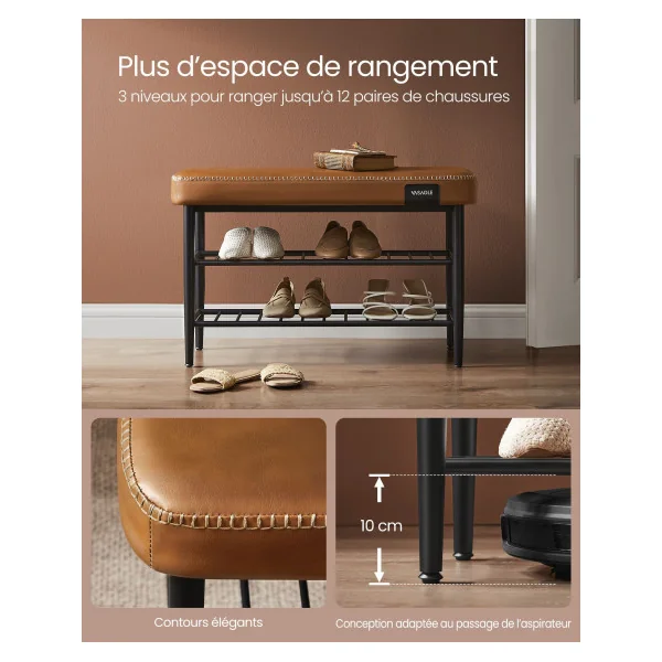 Banc à Chaussures Marron Camel Style Industriel avec Assise Rembourrée Banc de Rangement Meuble d’Entrée cielterre-commerce