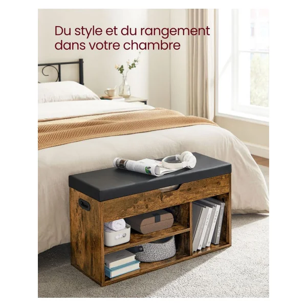 Banc à Chaussures Marron Rustique Banc de Rangement Banc d'Entrée avec Coussin d'Assise