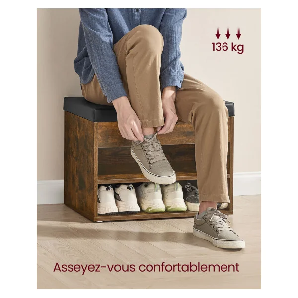 Banc à Chaussures Marron Rustique Noir avec 3 Compartiments 60 x 30 x 44 cm
